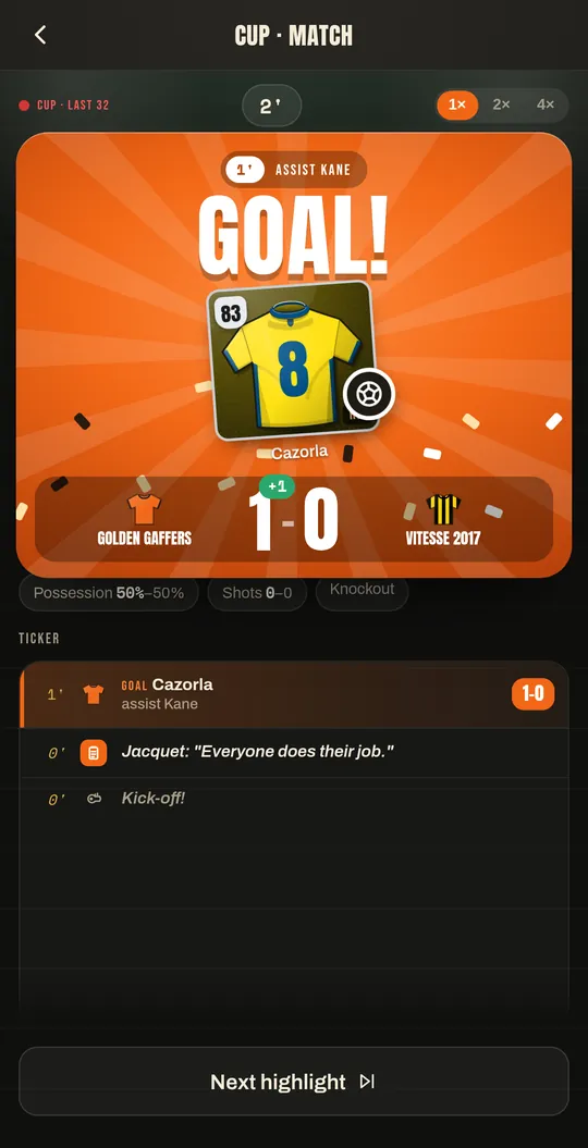 Un partido en vivo en Gaffer XI con un gol de tu equipo