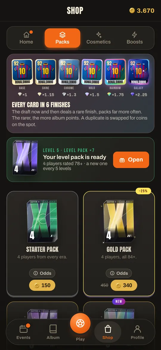 La tienda de sobres de la app Gaffer XI