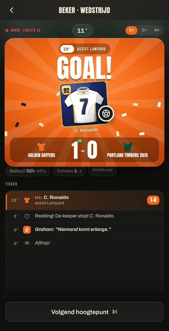 Een live wedstrijd in Gaffer XI met een doelpunt voor jouw team